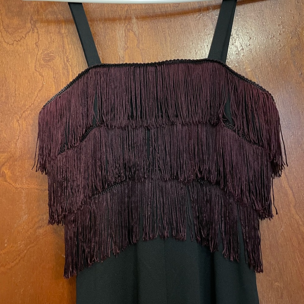 1970s/1980s Vintage black maxi dress with burgundy fringe with matching shawl.